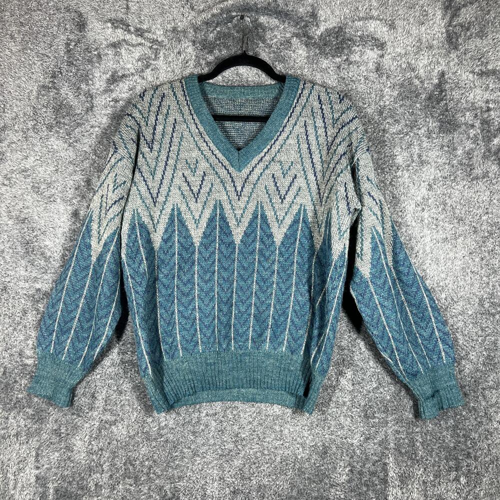 Sweater Mens L Green V-Neck Wool Pullover Collarless Heavyweight Geometric